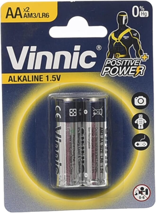 Vinnic LR6 Set Of 2 Pieces Of AA Alkaline Batteries 1.5V With Durable Materials And Long Lasting Use - Multi Colour